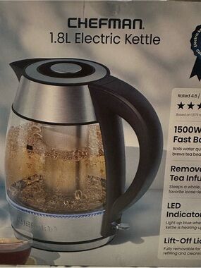 Chefman 1.8L Cordless Electric Glass Kettle 1500W Tea Infuser LED 360 Base